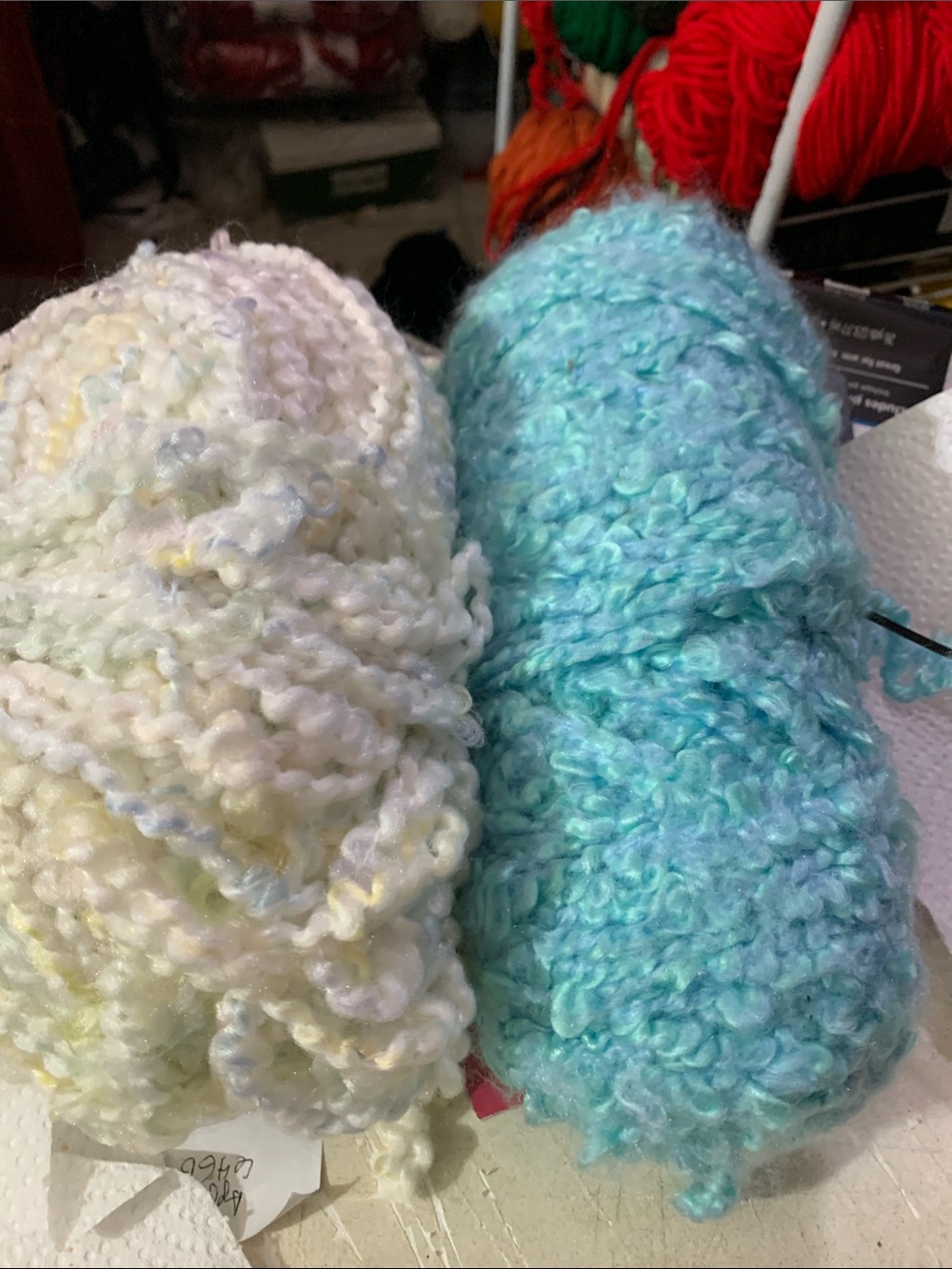 2-Soft Bouclé Yarn Skeins Bundle in White and Aqua